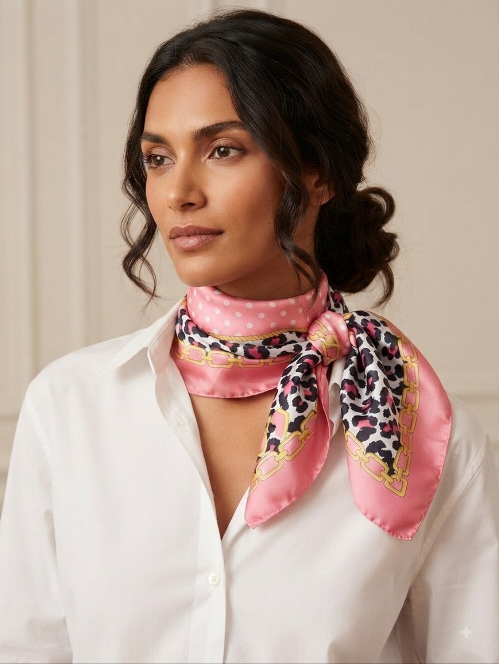 Vintage Pink Leopard & Polka Dot Satin Square Scarf 33"× 33"- Made in Italy